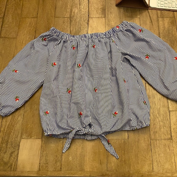 Kontrol Tops - 🎉KONTROL Off Shoulder Blue Pinstripe Peasant Top Size Medium With Tie Front